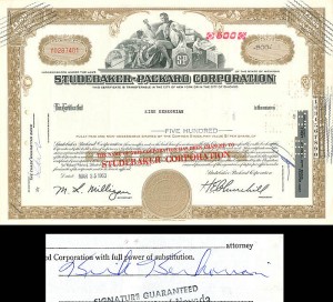 Studebaker-Packard Corporation signed by Kirk Kerkorian - Autograph Stock Certificate - Famous Car Maker